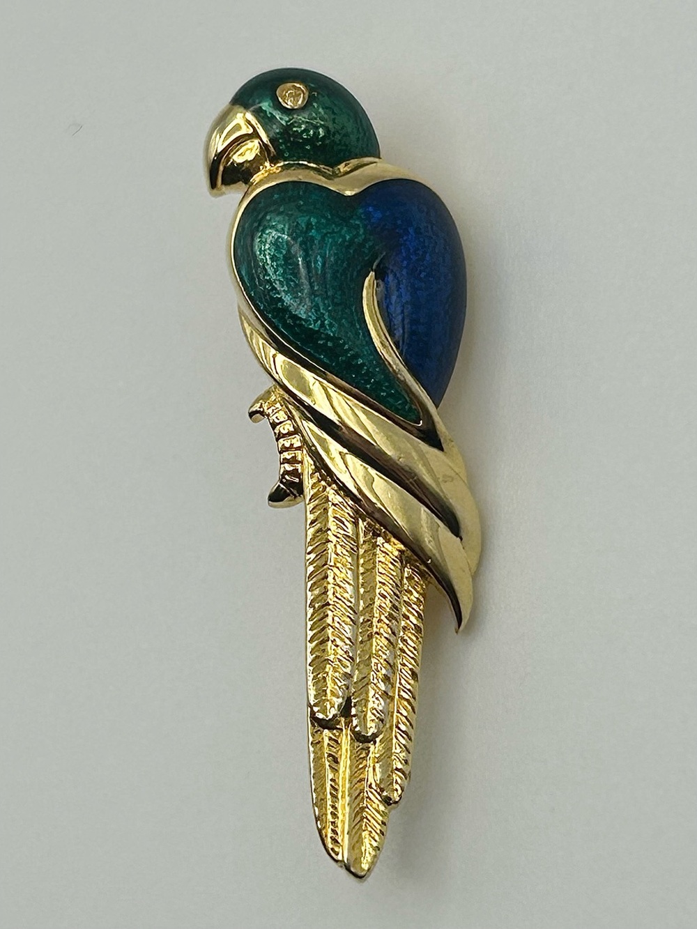 Vintage Gold-tone Green & Blue Parrot Bird Brooch - Colorful Enamel Animal Pin